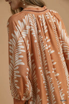 Umgee Taupe Leaf Print Notched Mini Babydoll Dress