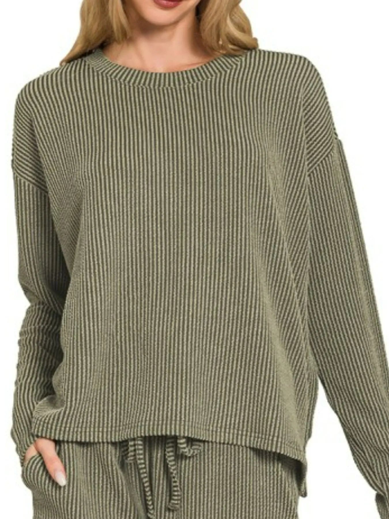 Zenana Dark Olive Corded Rib Long Sleeve Tee and Shorts Set