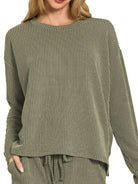 Zenana Dark Olive Corded Rib Long Sleeve Tee and Shorts Set