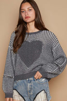 POL Round Neck Heart Patch Zipper Point Sleeve Sweater Charcoal Trendsi