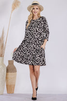 Celeste Black & Leopard Three-Quarter Sleeve Dress with Pockets Black Trendsi