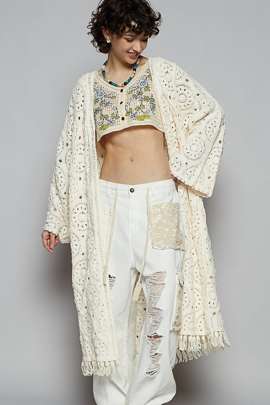 POL Cream Crochet Fringe Open Front Longline Cardigan