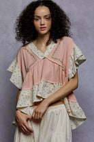 POL Floral V-Neck Short Sleeve Ruffled Double Gauze Blouse with Embroidery Detail SALMON PINK