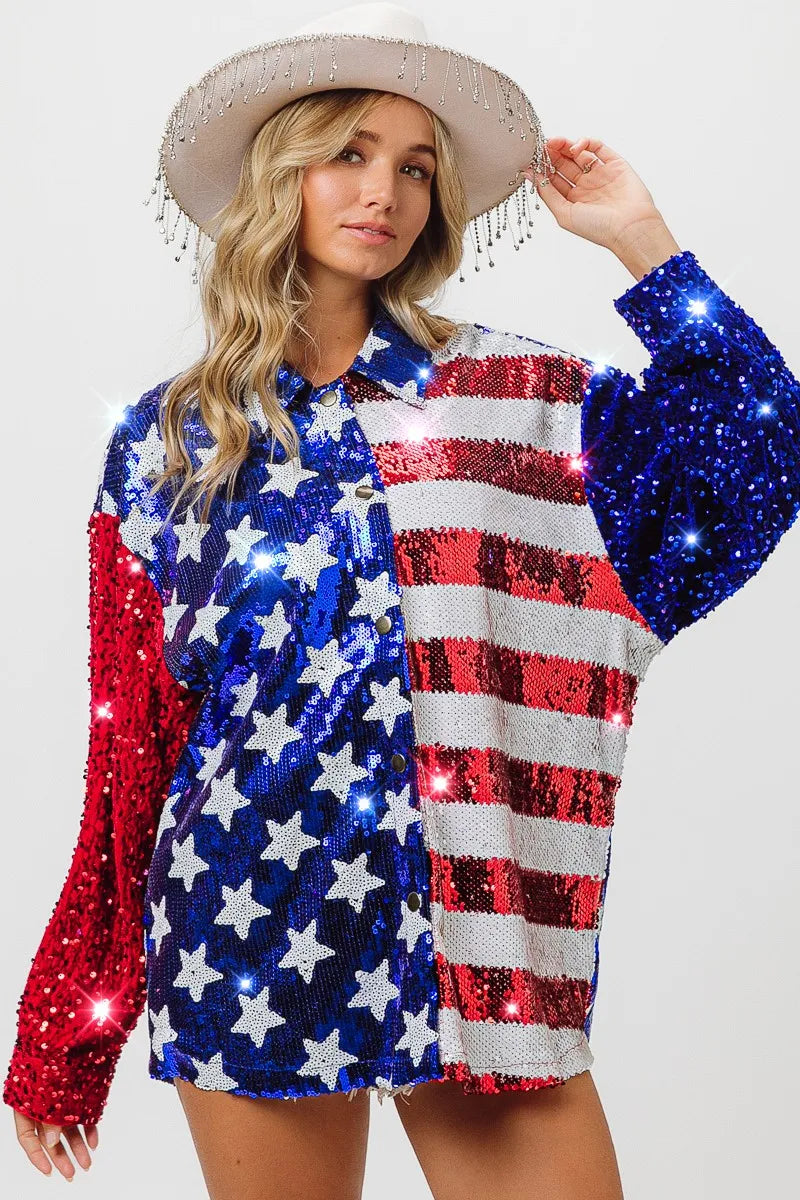 BiBi Velvet Sequin American Flag Long Sleeve Top