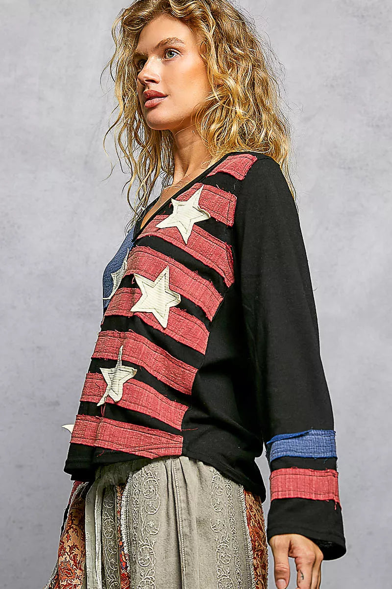 POL Double Gauze American Flag Patch V-Neck Long Sleeve T-Shirt