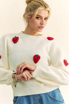 Davi & Dani Crochet Strawberry Round Neck Sweater in Cream Shirts & Tops