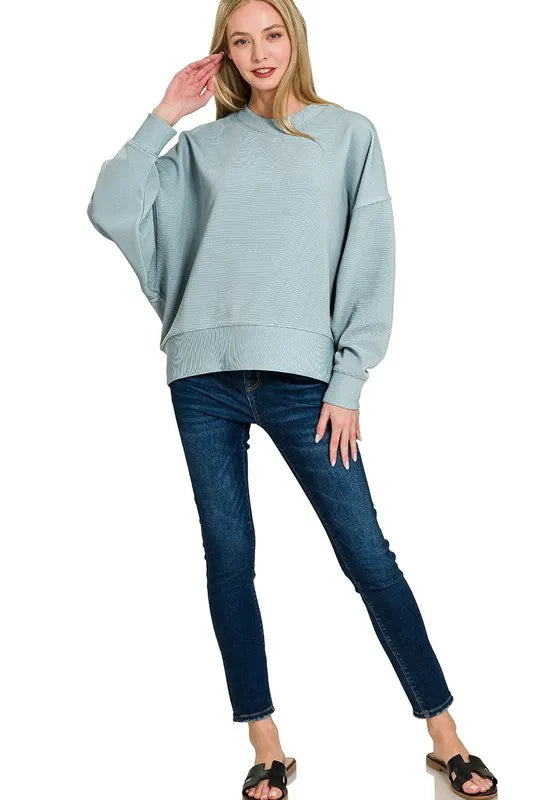 Zenana Blue Grey Ribbed Balloon Sleeve Sweatshirt