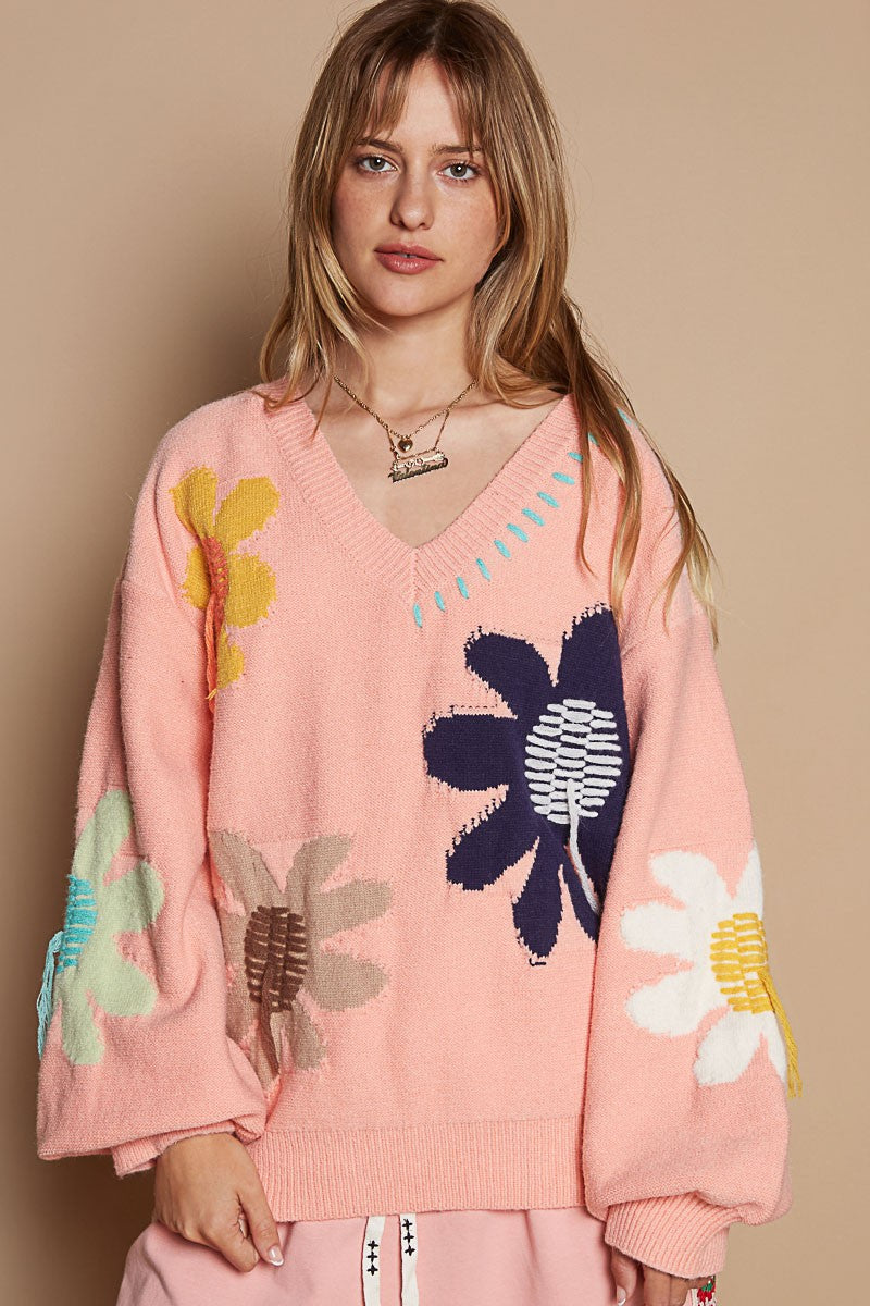 POL V-Neck Pink Long Sleeve Flower Fringe Sweater