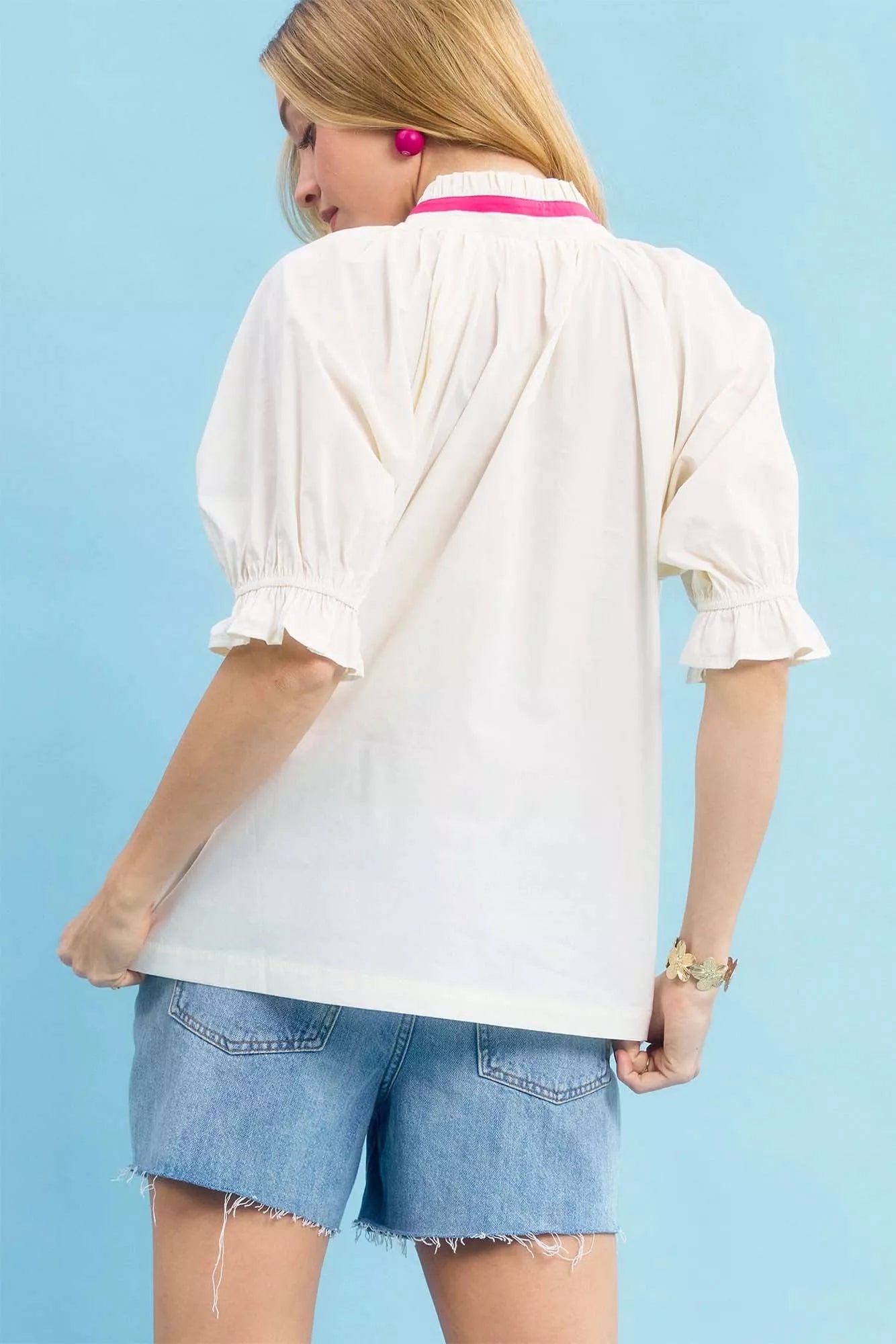 Umgee Embroidered Floral Top with Contrast Trim