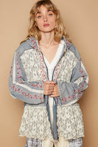 POL Embroidered Lace Patch Zip Up Hooded Jacket in Denim Multi Denim Multicolor Coats & Jackets