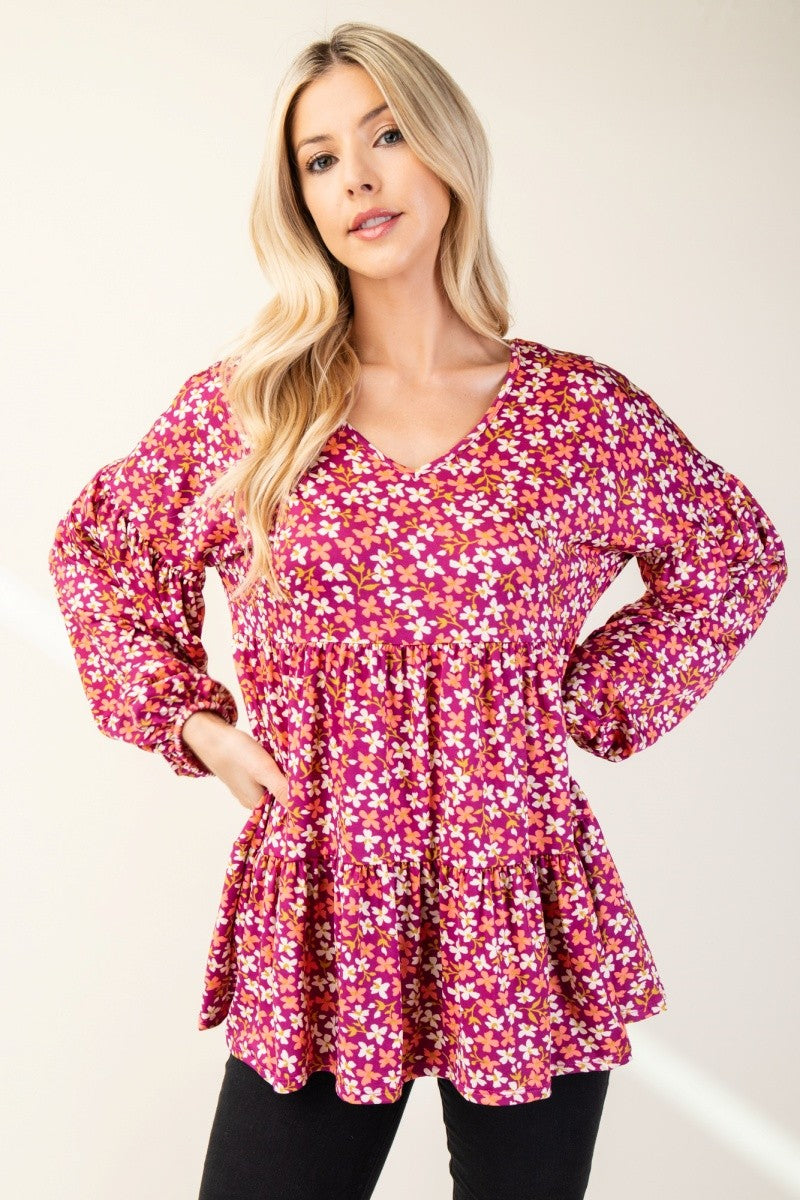 Celeste Magenta Floral V-Neck Balloon Sleeve Blouse