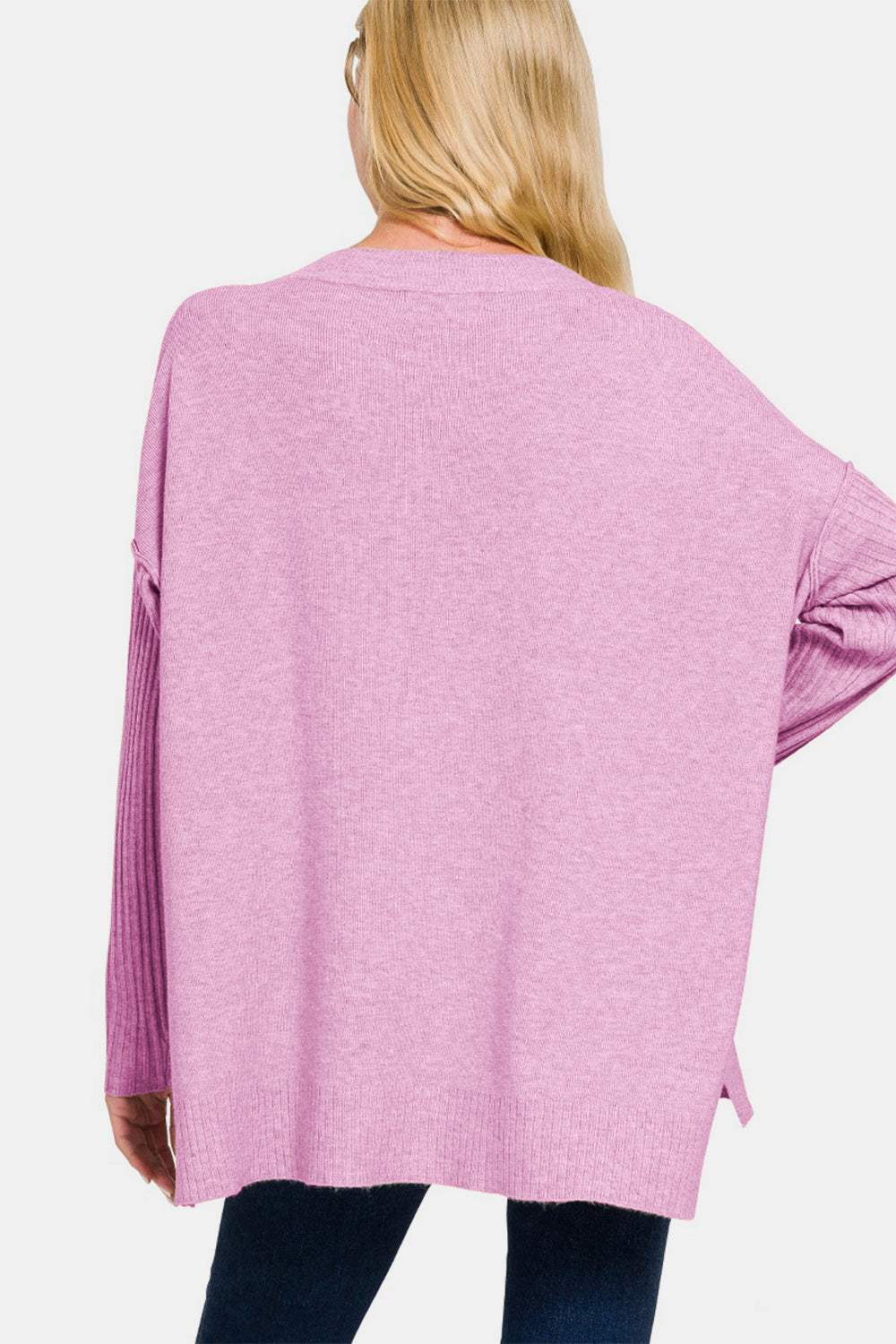 Zenana H Mauve Viscose Hem & Sleeve V-Neck Side Slit High-Low Sweater Trendsi