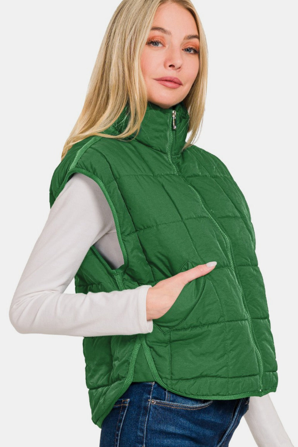 Zenana Dark Green Zip Up Cropped Puffer Vest with Pockets Trendsi