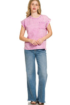 Zenana Bright Mauve Crinkle Washed Round Neck Folded Short Sleeve Tee Plus Size