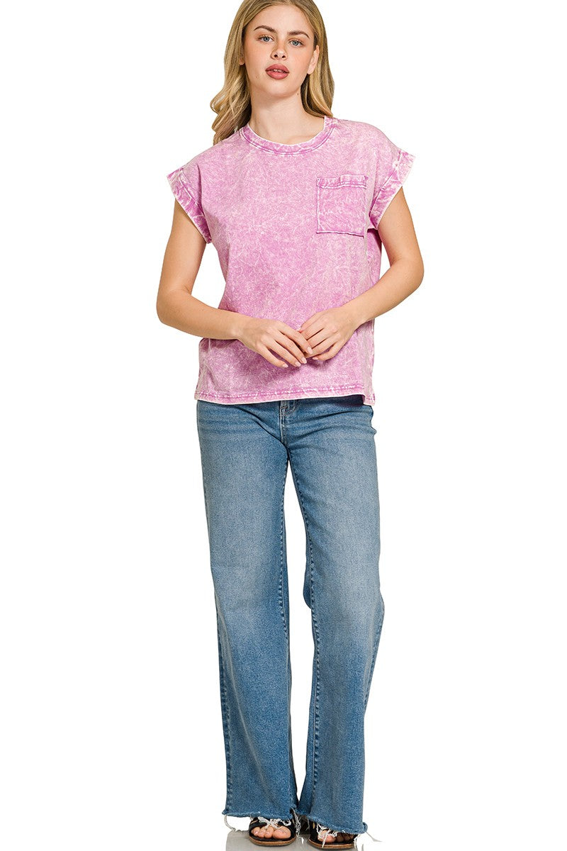 Zenana Bright Mauve Crinkle Washed Round Neck Folded Short Sleeve Tee Plus Size