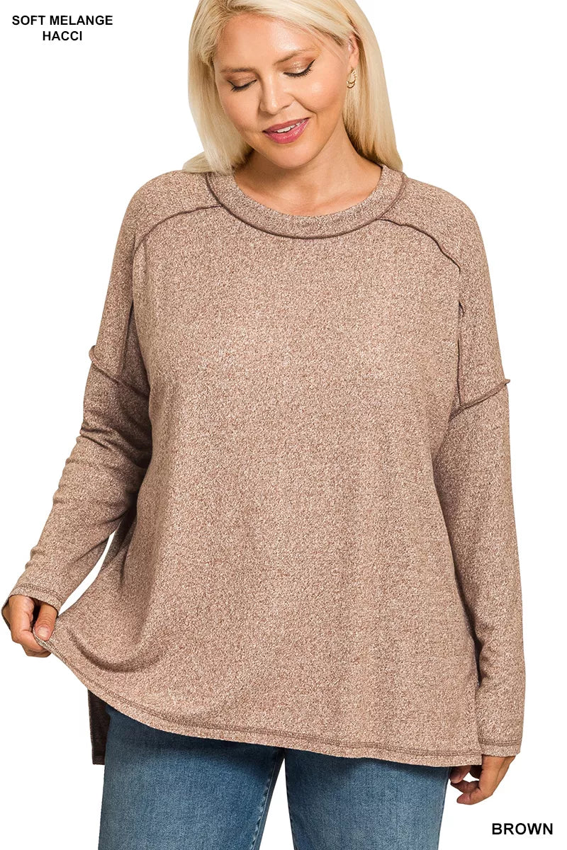Zenana Brown Melange Hacci Exposed Seam Hi-low Tee