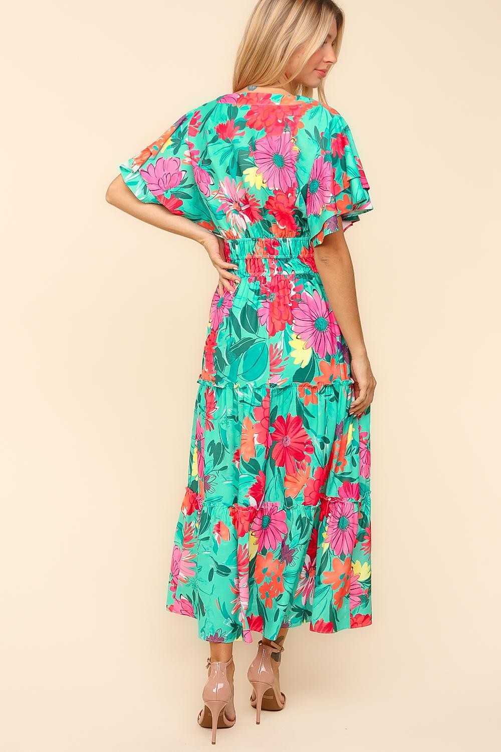 Haptics Multicolor Tropical Floral Smock Waist Tiered Midi Dress