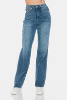 Judy Blue Tummy Control Cut Raw Hem Straight Jeans Medium Trendsi