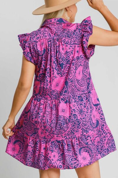 Umgee Navy & Pink Printed Ruffle Cap Sleeve Babydoll Dress