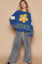 POL Blue Flower Lace Patch Long Sleeve Sweater Shirts & Tops