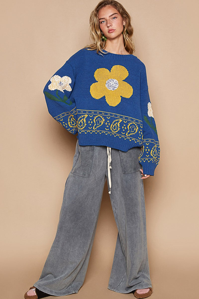 POL Blue Flower Lace Patch Long Sleeve Sweater Trendsi