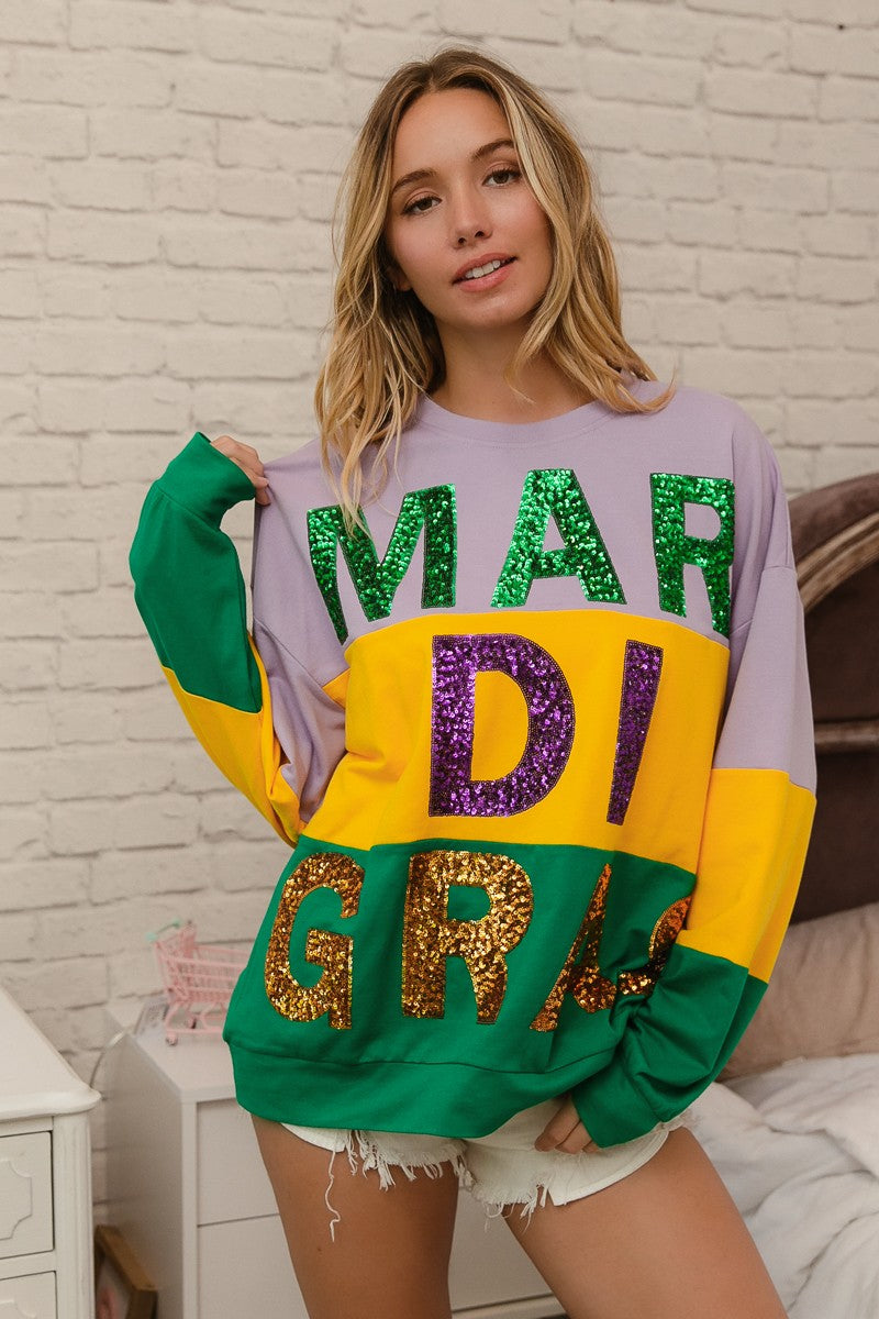 BiBi Sequin Mardi Gras Lettering Color Block Sweatshirt