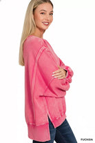 Zenana Fuchsia Acid Washed Batwing Sleeve Fleece Sweatshirt