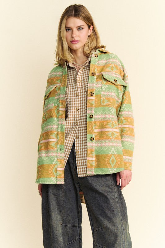 Davi & Dani Gum Leaf High-Low Aztec Geometric Long Sleeve Shirt Jacket Coats & Jackets