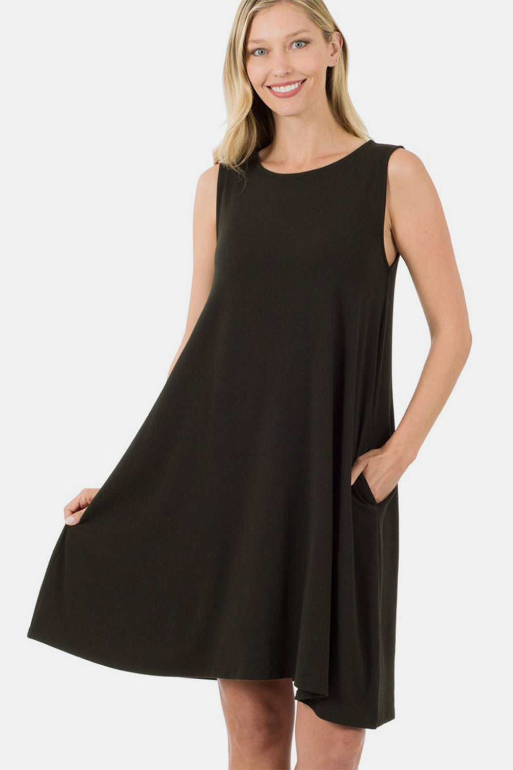 Zenana Black Sleeveless Flared Dress with Side Pockets Black Trendsi