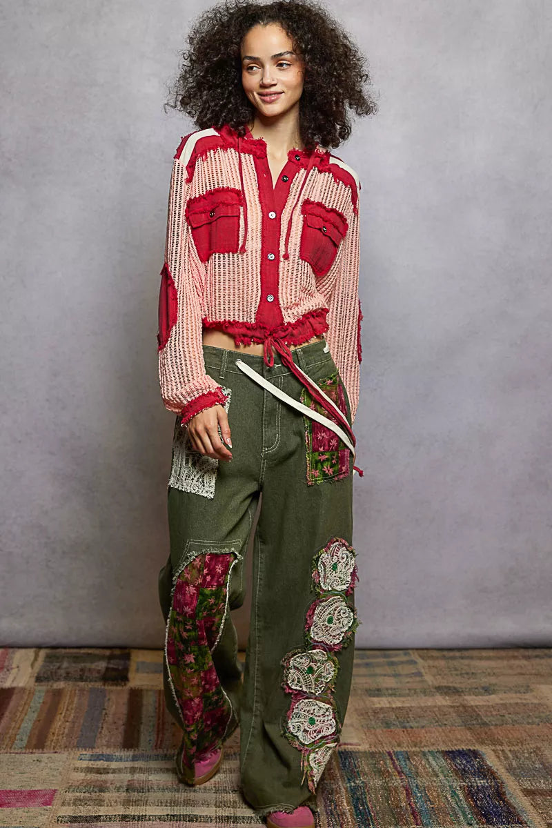 POL Blush Red Texture Woven Button Down Hooded Shirt with Drawstring Hem