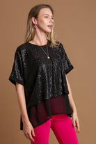 Umgee Black Sequin Half Sleeve Layered Blouse Black Shirts & Tops