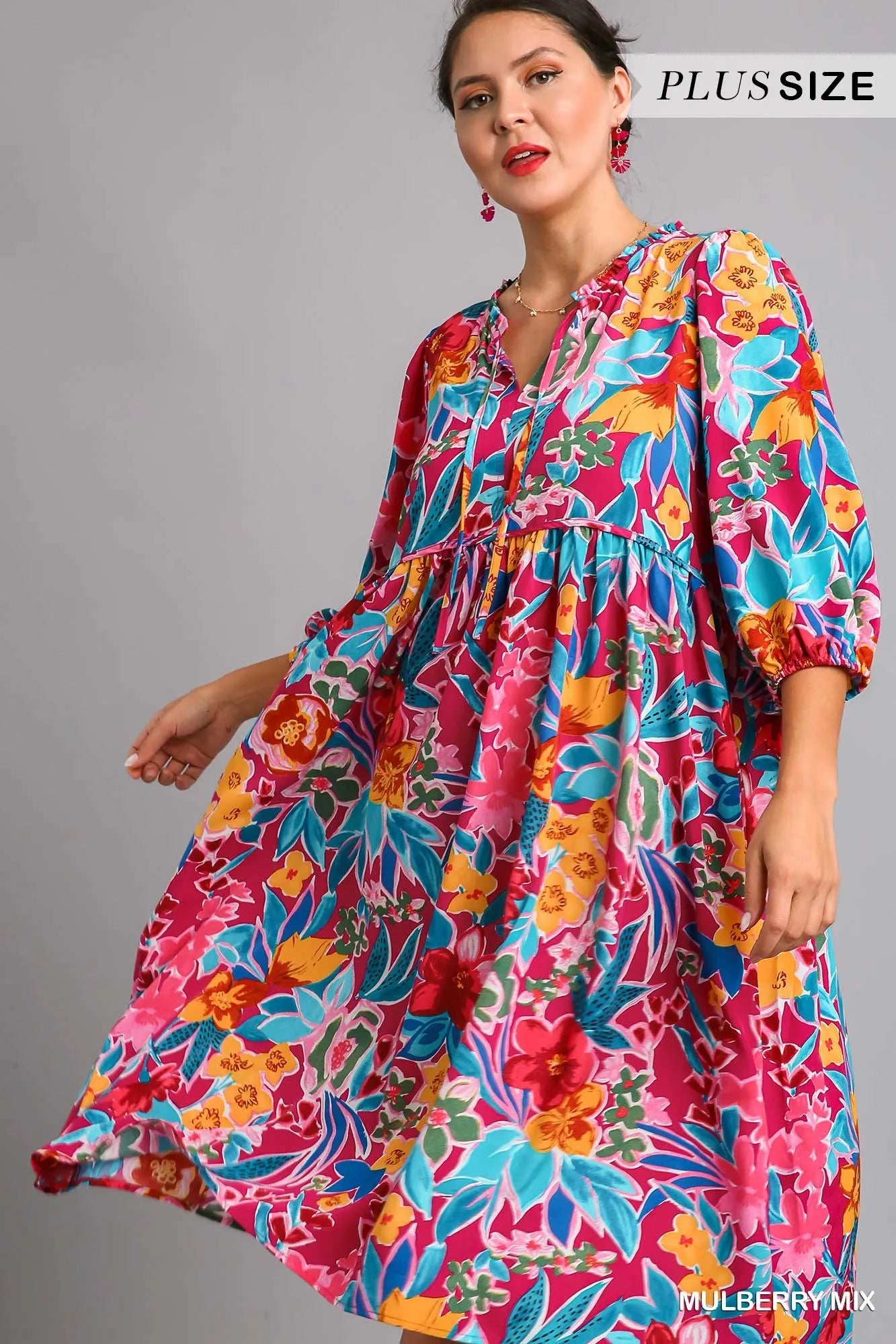 Umgee Mulberry Mix Floral Print Tie Neck Midi Dress with Pockets