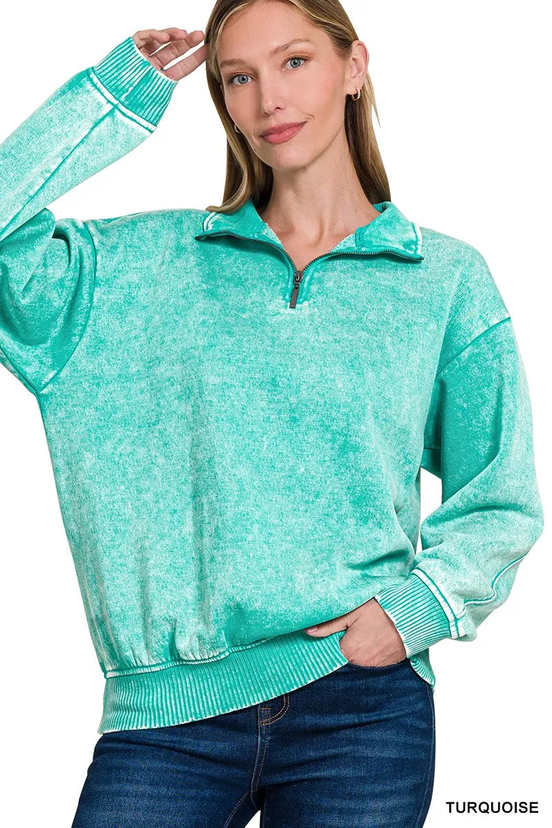 Zenana Turquoise Acid Wash Fleece Quarter Zip Pullover