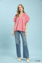 Umgee Light Punk Lace Inset Puff Sleeve Boho Blouse