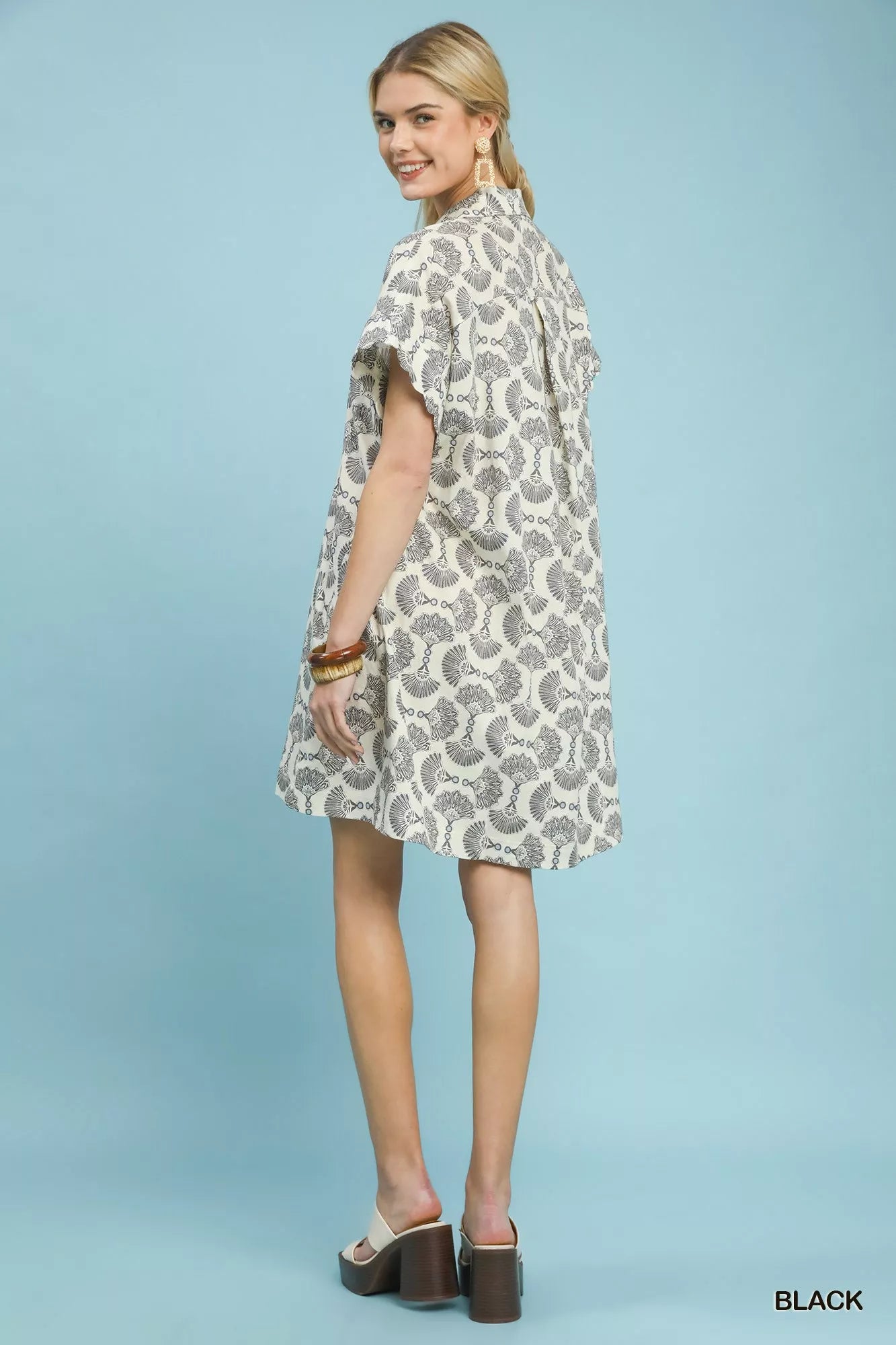 Umgee Black Printed Button Front Shirt Dress