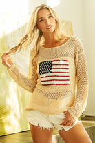 BiBi Oatmeal Sequin American Flag Patch Open Knit Cover Up