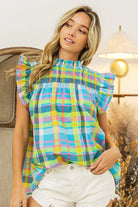BiBi Blue and Yellow Multi Color Check Plaid Woven Blouse