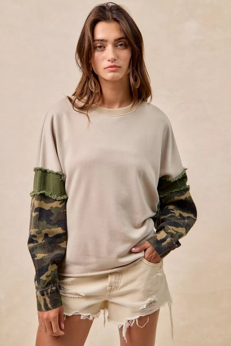 BiBi Camo Sleeve French Terry Top with Frayed Edge TAUPE OLIVE