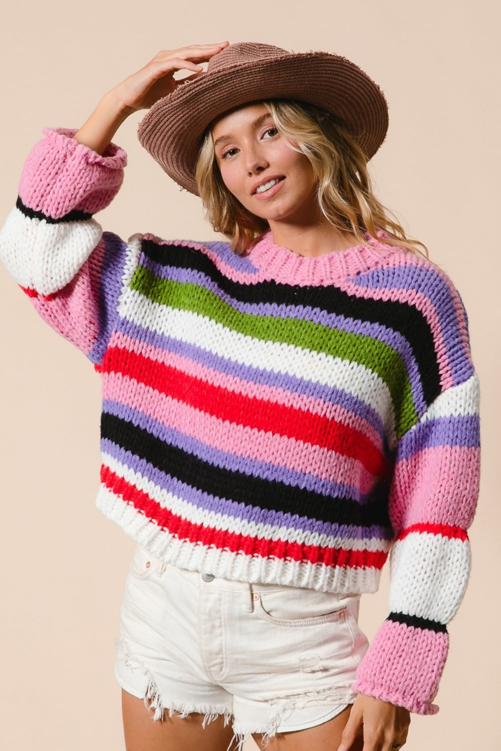 BiBi Multi Color Striped Cropped Sweater Pink Lavender Multi Trendsi