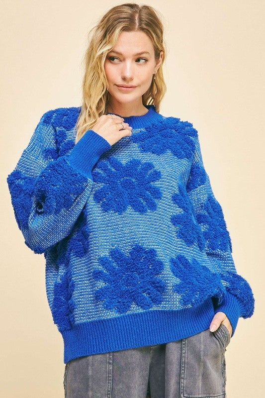 Davi & Dani Blue Flower Textured Round Neck Dropped Shoulder Sweater Blue