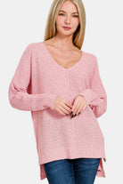 Zenana Dusty Pink High-Low Center Seam V-Neck Sweater Shirts & Tops