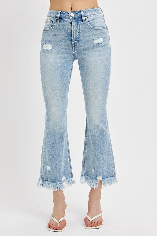 RISEN Raw Hem Distressed Cropped Flare Jeans Plus Size