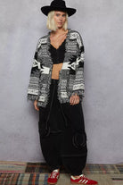 POL Black Multi Open Front Geometric Print Cardigan with Fringe Detail
