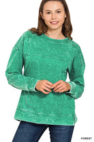 Zenana Acid Wash French Terry Exposed-Seam Pullover FOREST