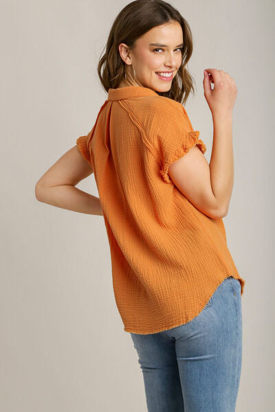 Umgee Tangerine Frayed Hem Collared Neck Short Sleeve Shirt