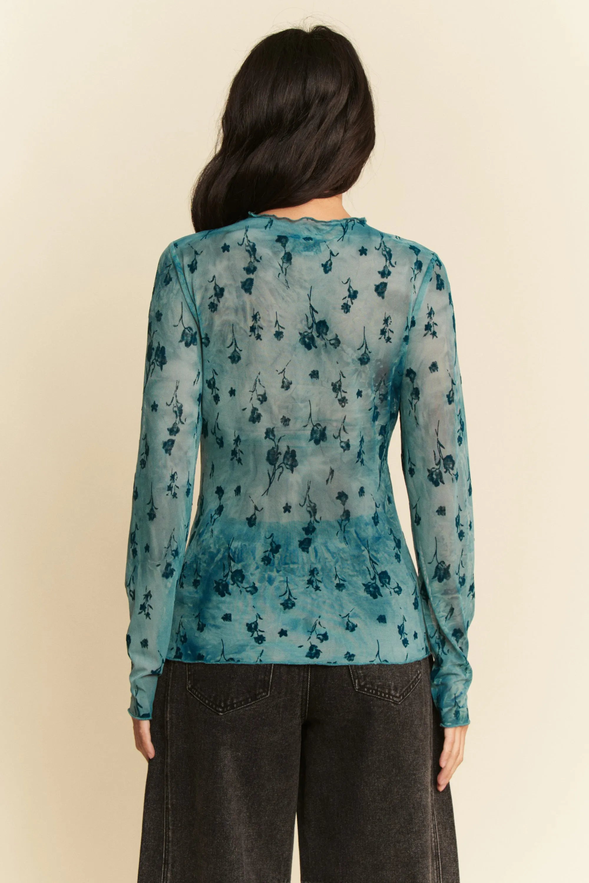 Davi & Dani Teal Floral Mesh Long Sleeve Sheer Layering Top