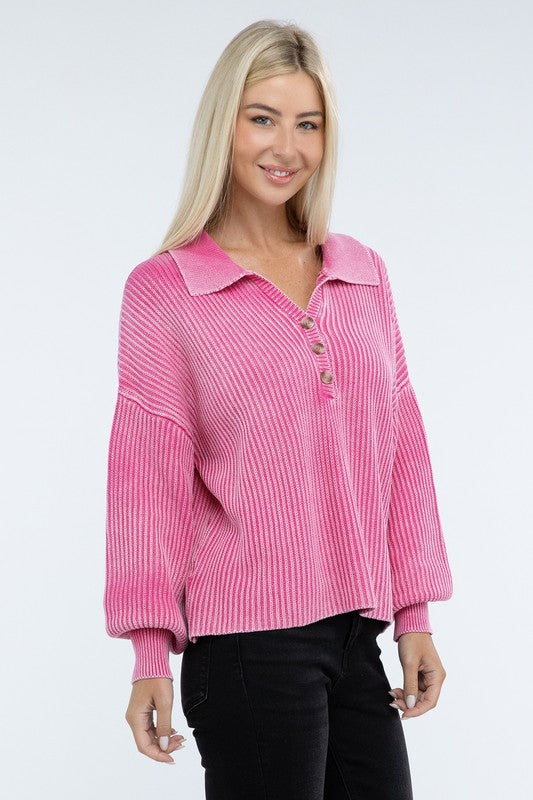 Zenana Washed Collared Henley Sweater in 6 Colors! ZENANA