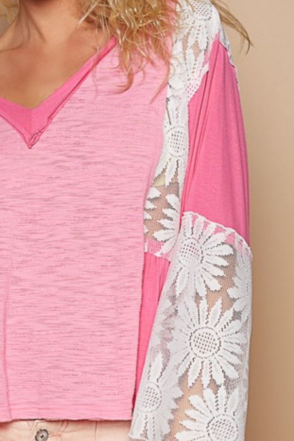 POL Pink Lace Detail V-Neck Flare Sleeve Blouse