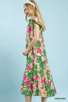 Umgee Green Mix Bold Floral Tiered Midi Dress