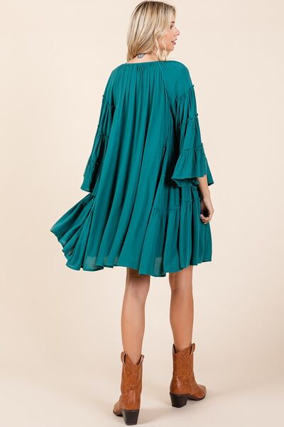 Mittoshop Teal Green Frill Tie Neck Long Bell Sleeve Empire Waist Dress